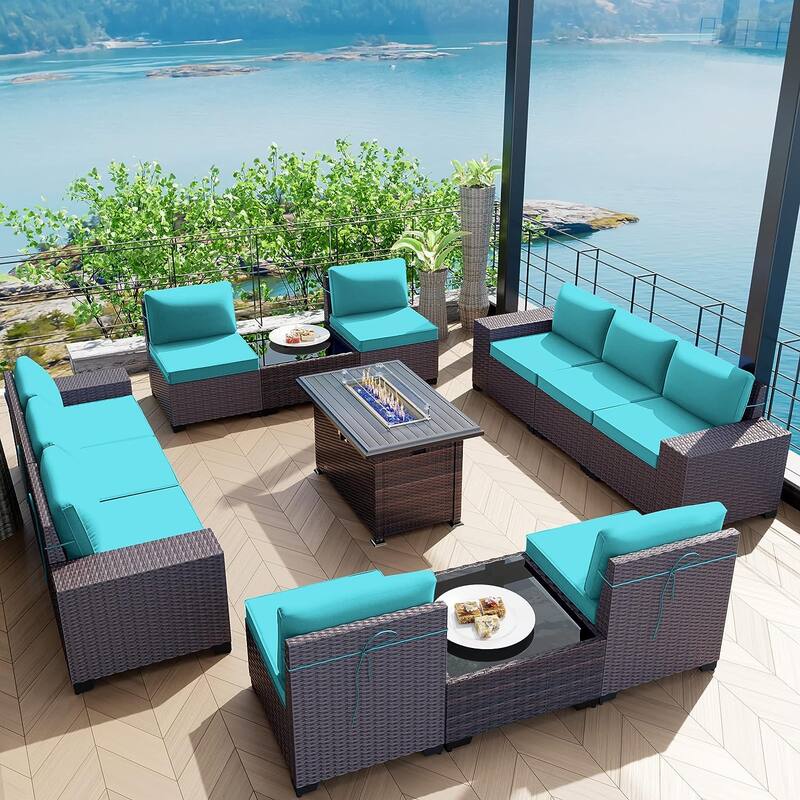Delnavik 13 Pieces Outdoor Patio Furniture Set with Fire Pit Table w/ Wide Armrests - w/Rattan Firepit - Turquoise