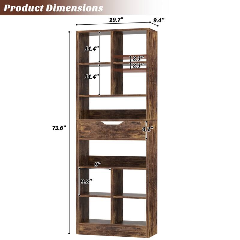 Freestanding 74" Tall Bookcase with Drawer,8-Tier Bookshelf Open Display Shelves for Living Room Home Office, Bedroom