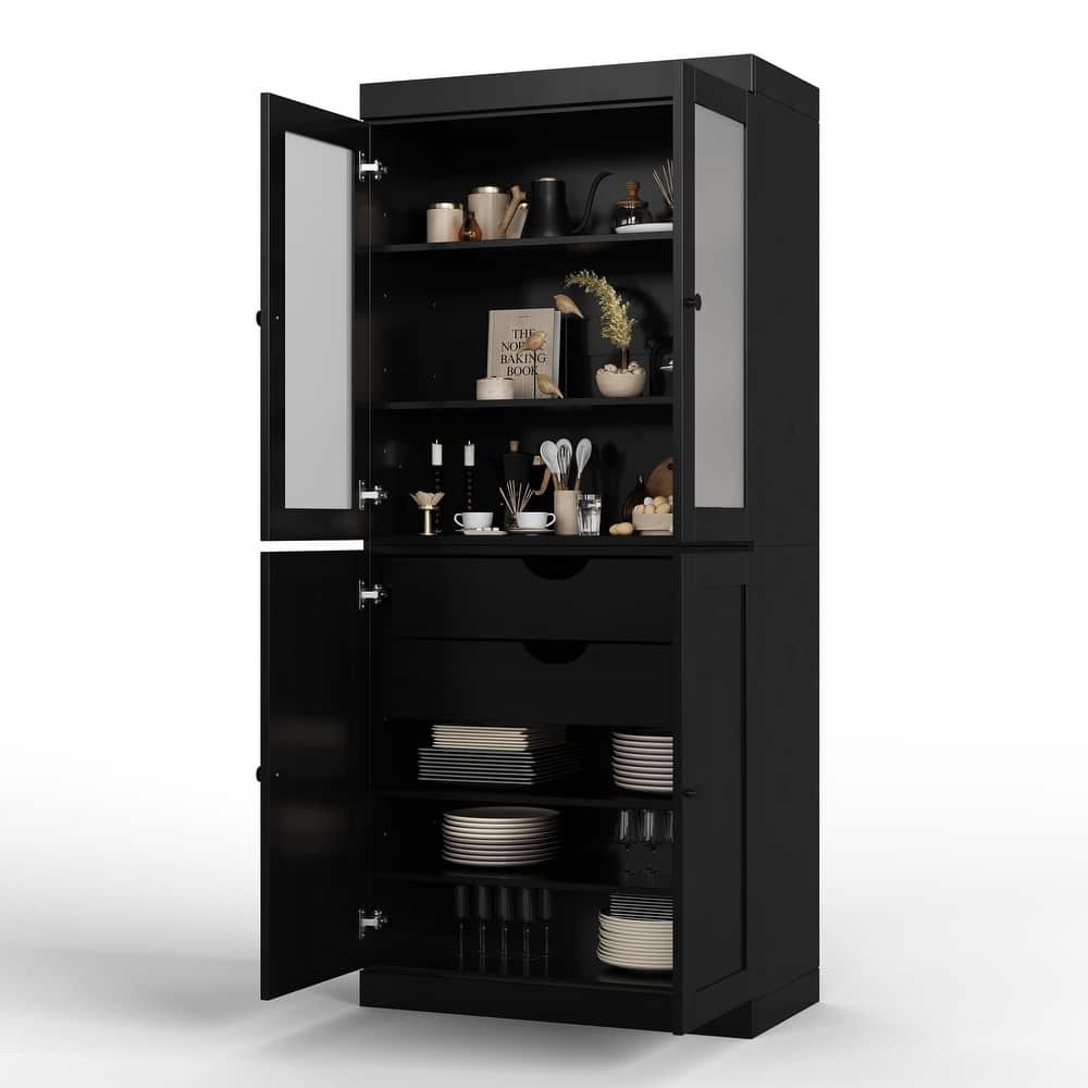 Palace Imports 100% Solid Wood 32" Pantry Cabinet with Frosted Glass, Shaker Doors, 2-Drawers and Adjustable Shelves