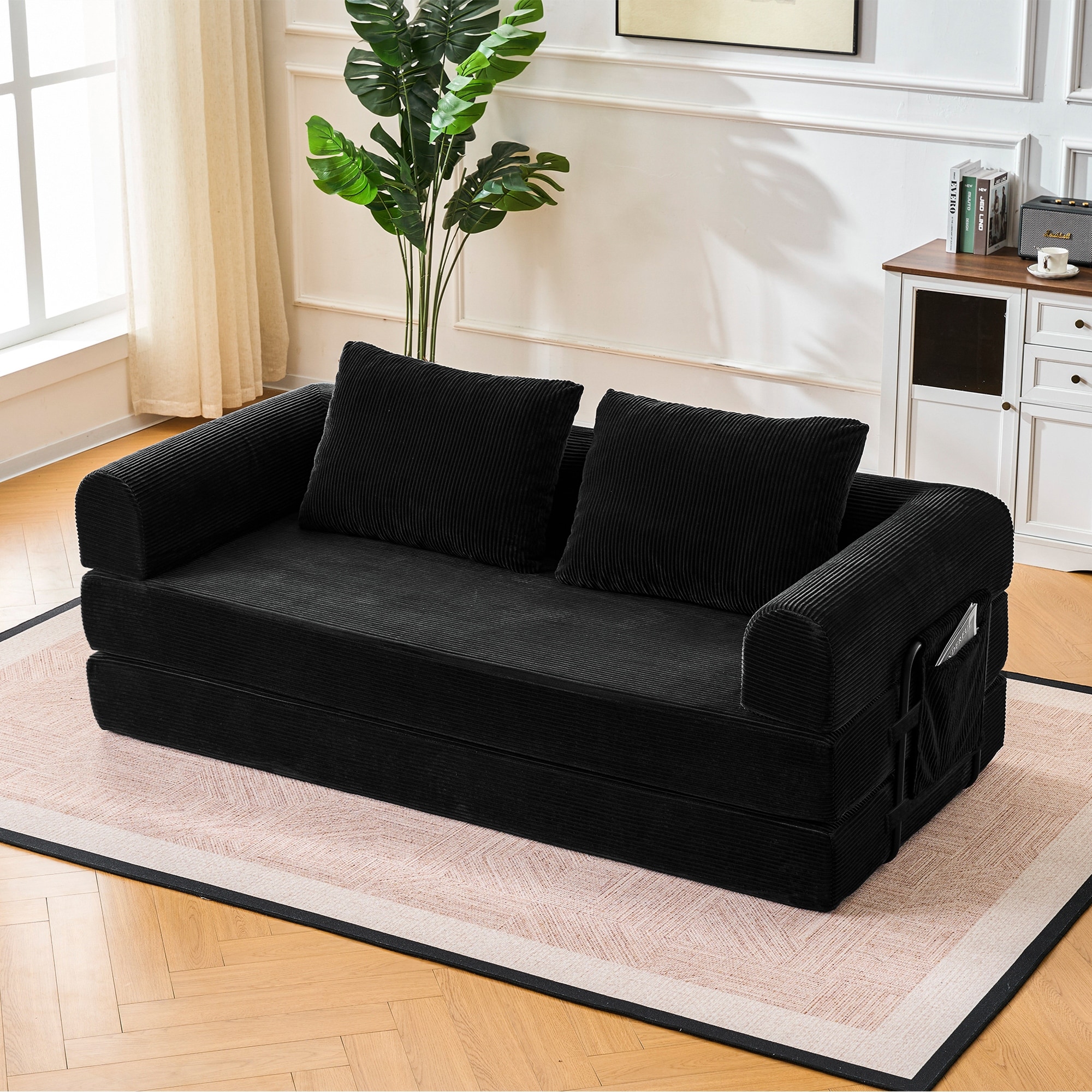 Convertible Sleeper Sofa Bed with Cylindrical Pillow, Modern Corduroy 2 Seat Cushion Sofa with Fixed-Shape Frame for Living Room