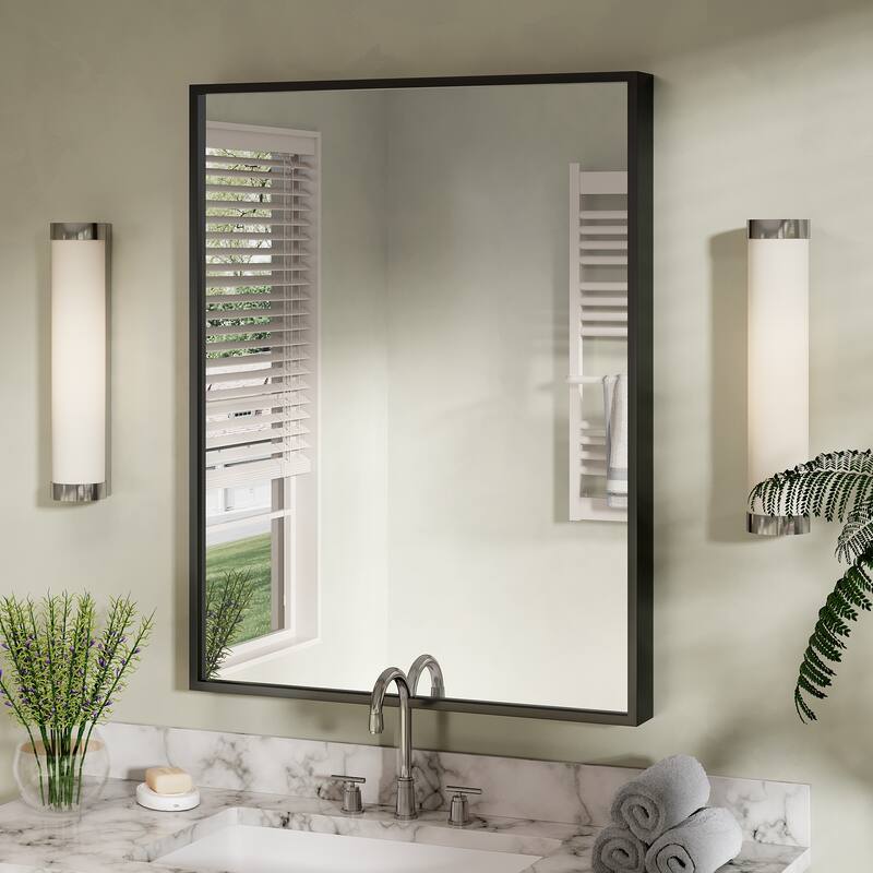Tempered Glass and Metal Framed French Cleat Mounted Wall Bathroom / Vanity Mirror - 36" x 28" - Black