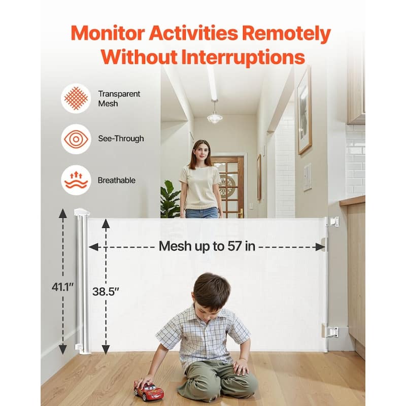 Retractable Baby Gate with Escape-Proof Bottom Hook and Mesh Design for Kids and Pets Safety