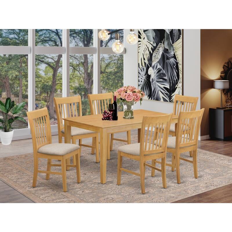 HomeStock 7-Piece Rectangle Natural Oak Finish Solid Wood Top Dining Table with 6 Chairs with Lattice Back