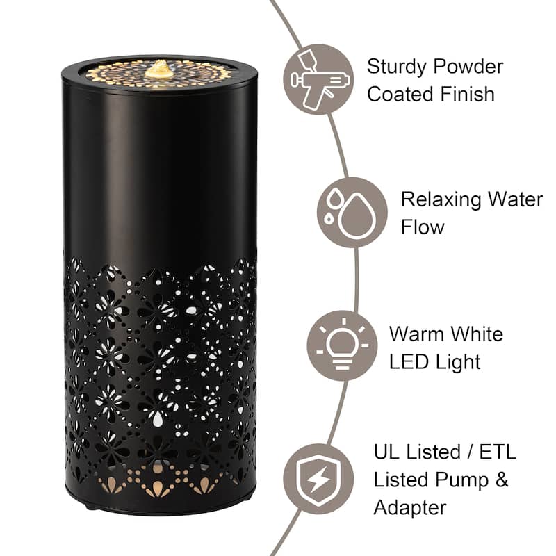 Glitzhome 23.5"H Metal Modern Cutout Pattern Outdoor Fountain with Lights & Shadows