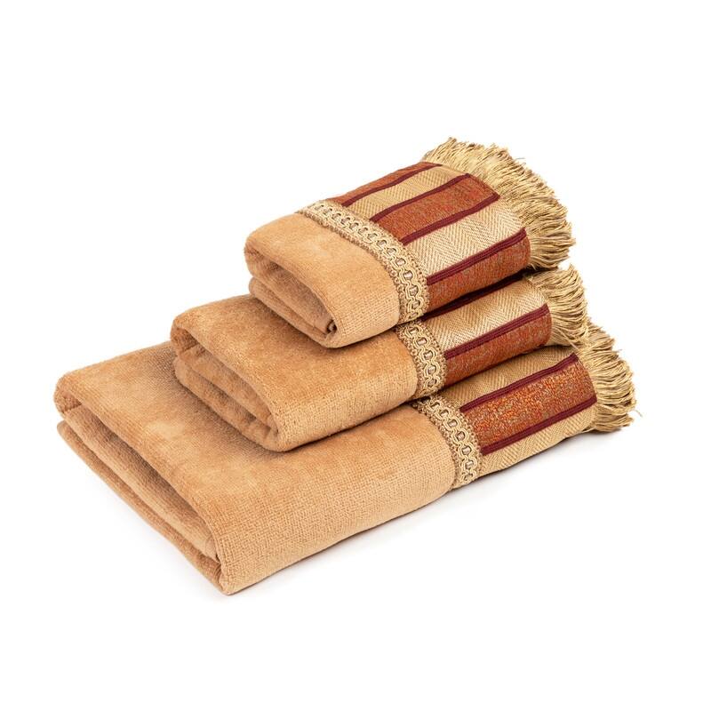 Sherry Kline Queue Coral 3-piece Decorative Towel Set, Jacquard Fabric Band, brush fringe trim 1 Bath Hand & Tip Towel