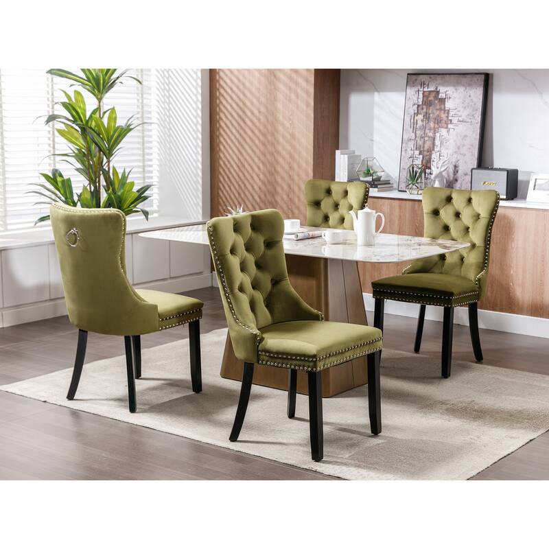 Set of 2 Velvet Upholstered Dining Chairs with Nailhead Trim and Wooden Legs