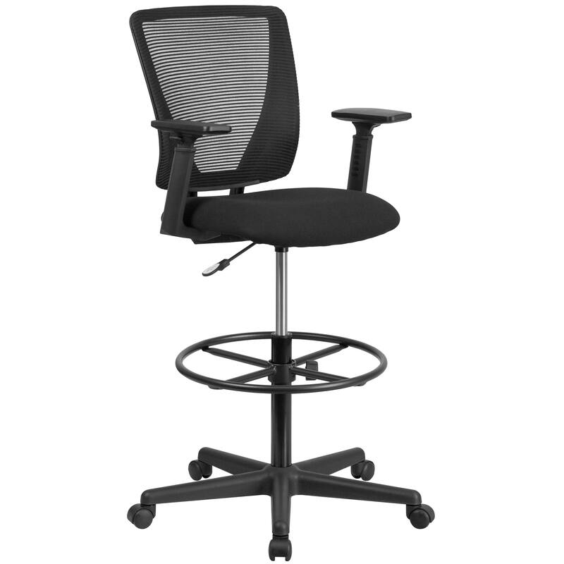 Mid-Back Mesh Drafting Chair w/ Fabric Seat, Adjustable Foot Ring and Arms - Black