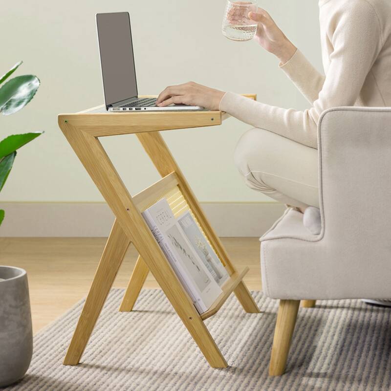Bamboo Glass Top End Table, Accent Side Table w/ Storage Rack