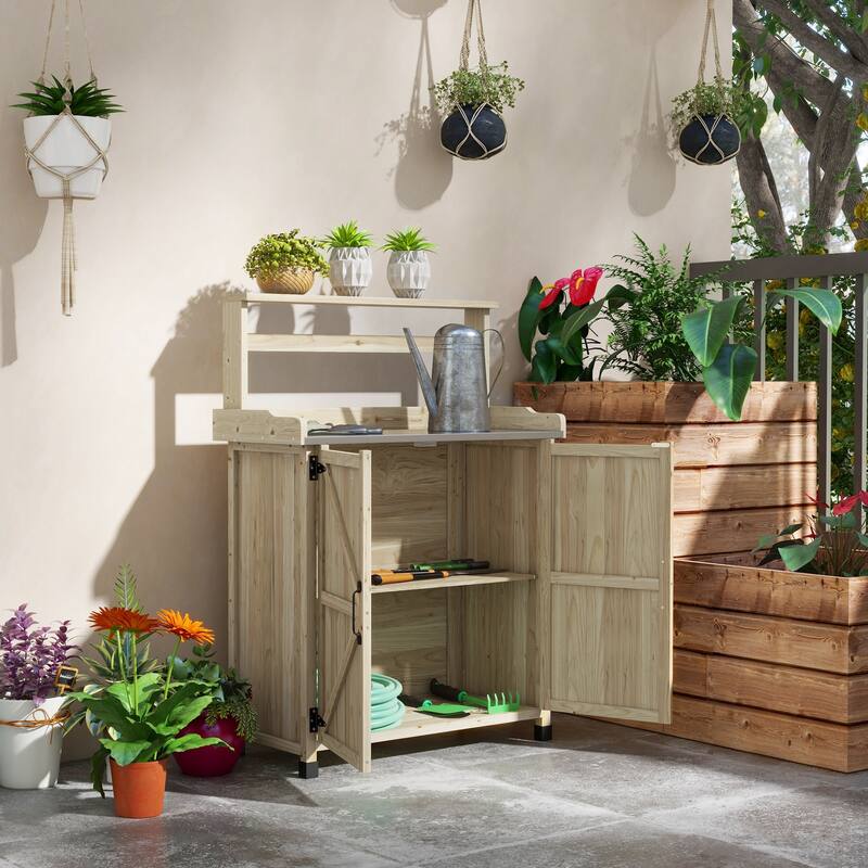Potting Bench, Wooden Potting Table with Storage Cabinet with 2 Shelves, Garden Work Bench with Galvanized Plated Tabletop