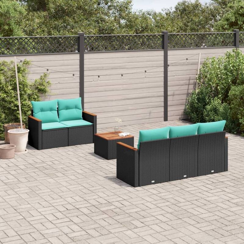 vidaXL 6 Piece Patio Sofa Set with Cushions Black Poly Rattan - 21.7 x 24.4 x 27.2