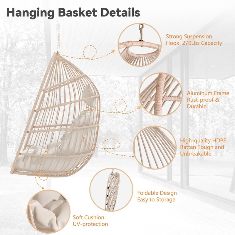 Hanging Chair PE Hanging Chair with Stainless Steel Suspension kit, Outdoor Garden Rattan Egg Swing Chair with Cushion