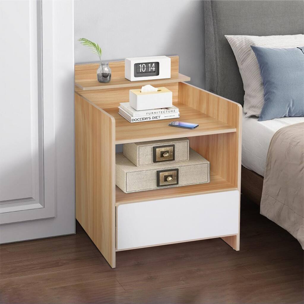 Wood End Table With Storage Shelf 1 Drawers Nightstand Side Table Cabinet Bedsid