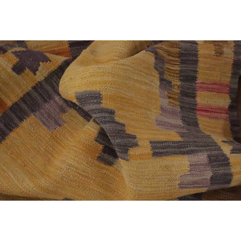 Hand Woven Oriental 100% Wool Carpet Southwestern Tribal Yellow & Gold Kilim Runner Rug - 11' 10'' X 2' 7''