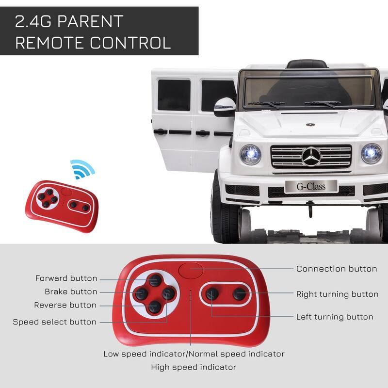 Licensed Mercedes Benz G500 Kids Ride-On Car with Remote Control, Music & Safety Features - White