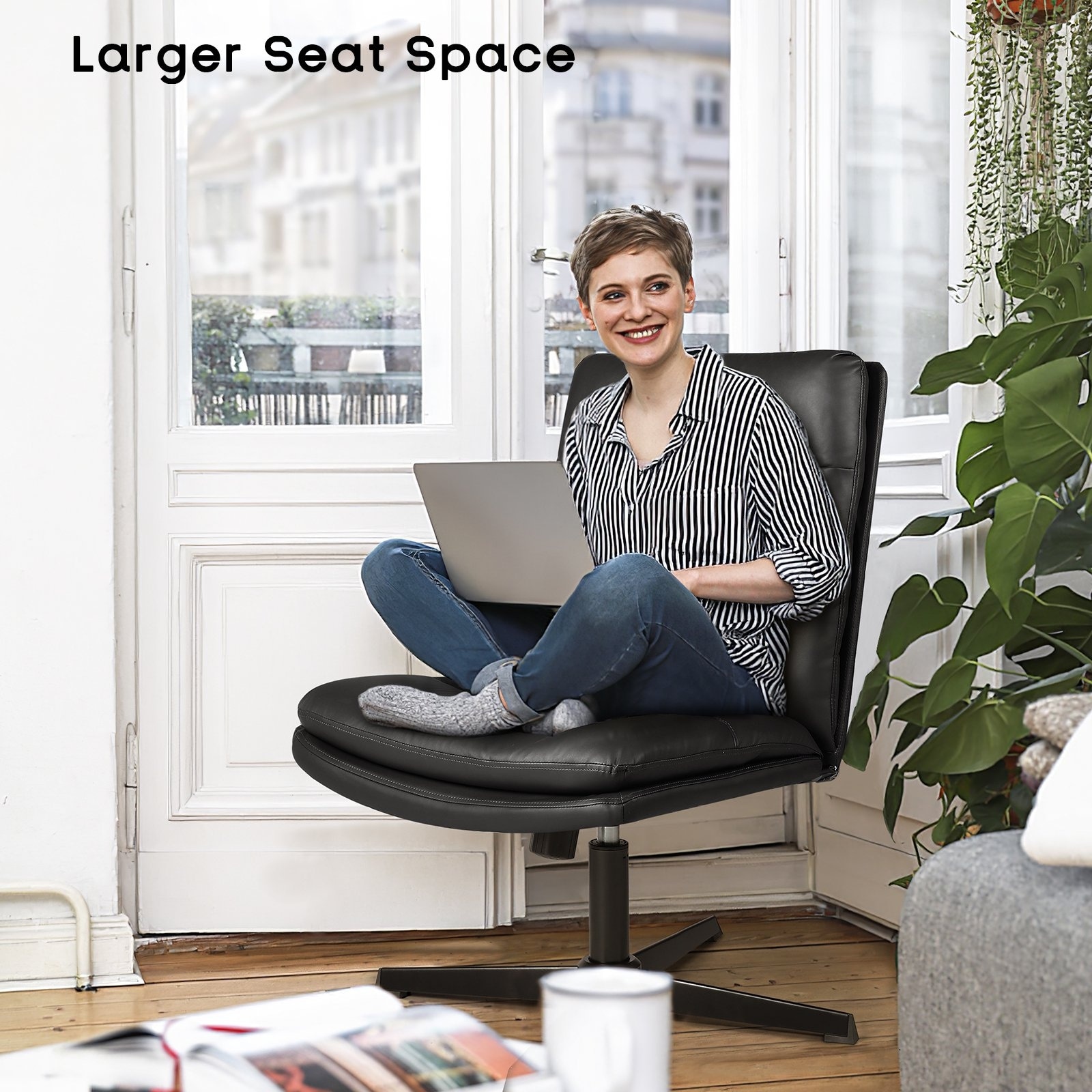 Bossin Office Chair Desk Chair Armless No Wheels PU Leather Criss