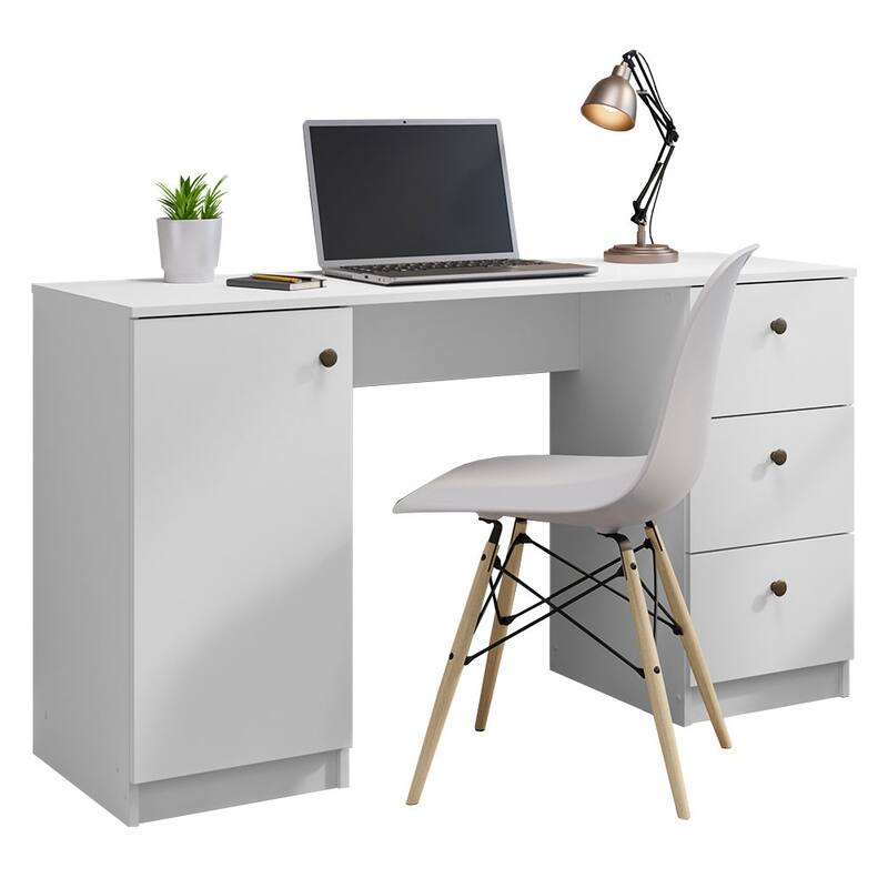 Madesa Desk with Drawer 53" + Ladder Shelf Standing Bookcase - White