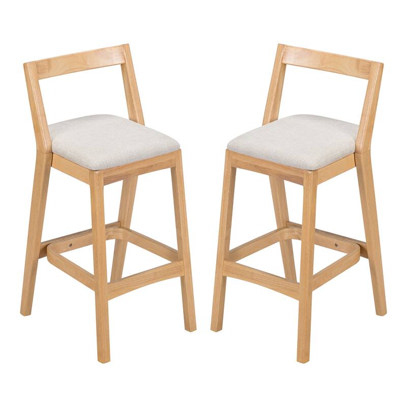 Indoor Rubberwood Barstool, Natural Finished and Beige Upholstery, Set of 2