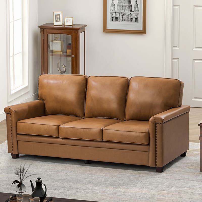 Rita Transitional Living Room 3-Seat Genuine Leather Nailhead Sofa with Solid Wood Legs and Removable Cushions