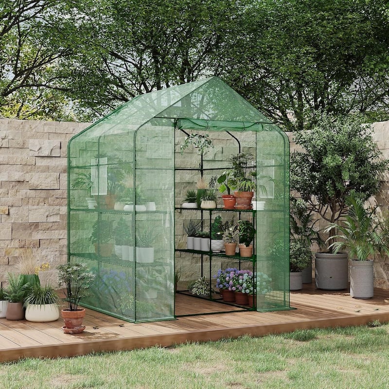 56" D Greenhouses for Outdoors with 2 Mesh Windows & 1 Roll-Up Zipper Door - Metal