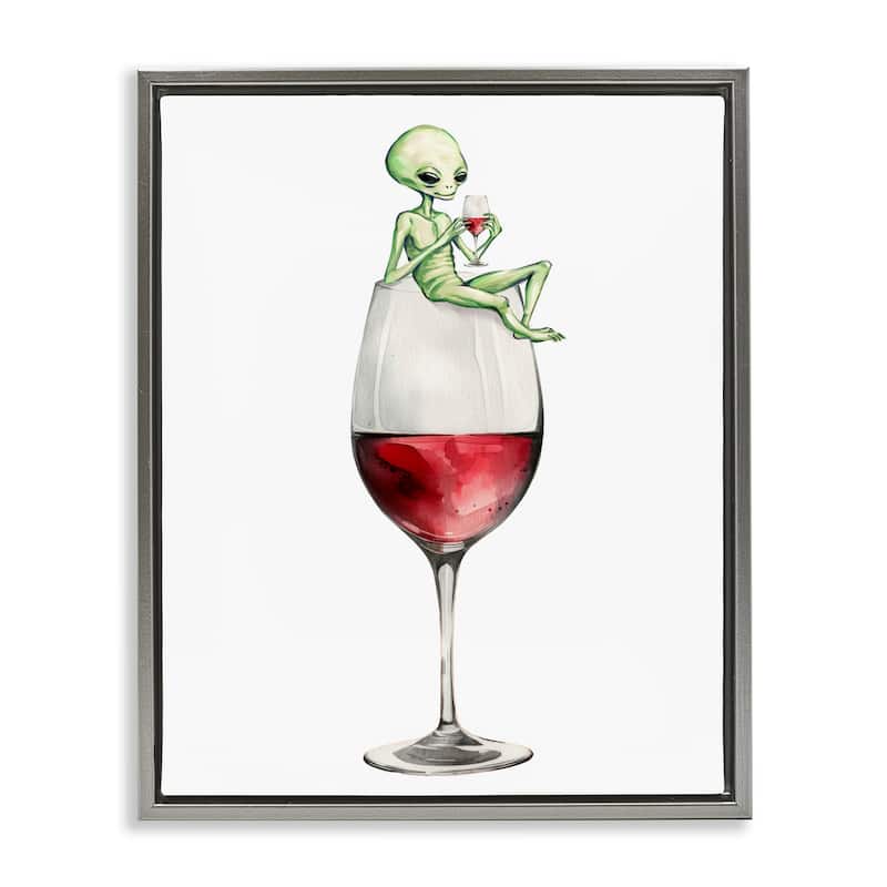 Stupell Alien Perched on Wine Glass Framed Floater Canvas Wall Art Design By Lil' Rue - 25 x 31 - Grey