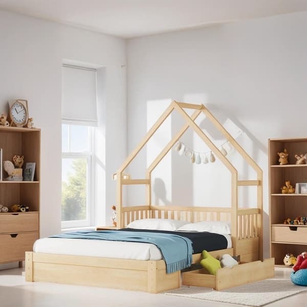 slide 2 of 9, Queen Size House-shaped Bed with Half-guard, Wooden Platform Bed with Two Recess Handle Drawers, Natural Natural