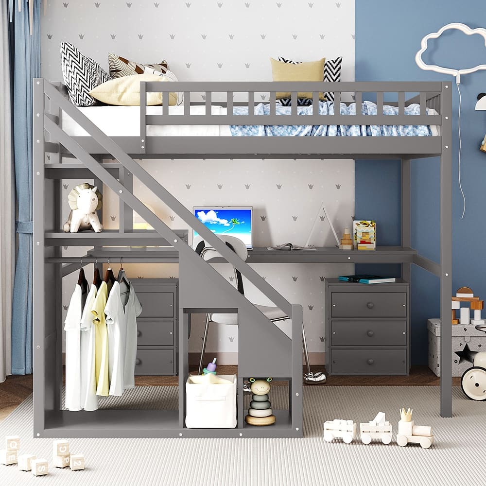 Loft Bed with 2 Chest of Drawers , Integrated Desk, Independent Staircase, Multifunctional Space-Saving Loft Bed for Bedroom