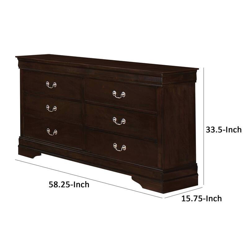Nim 58 Inch Wide 6 Drawer Dresser, Nickel Bail Handles, Cappuccino Brown