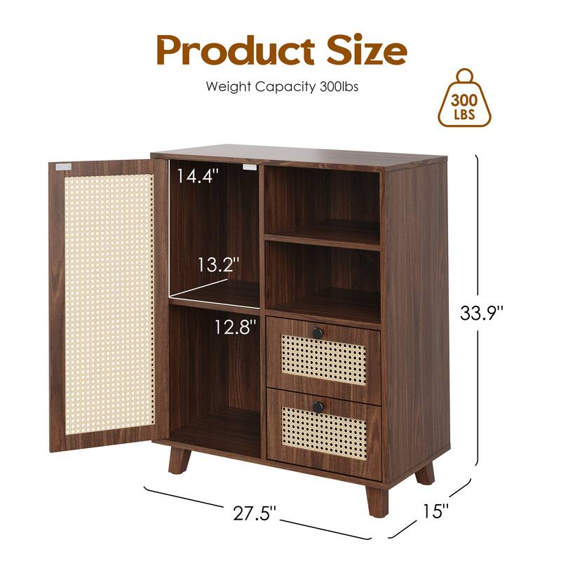 Rattan Buffet Cabinet with Adjustable Shelf, Sideboard with Drawers for Living Room, Kitchen, Entryway