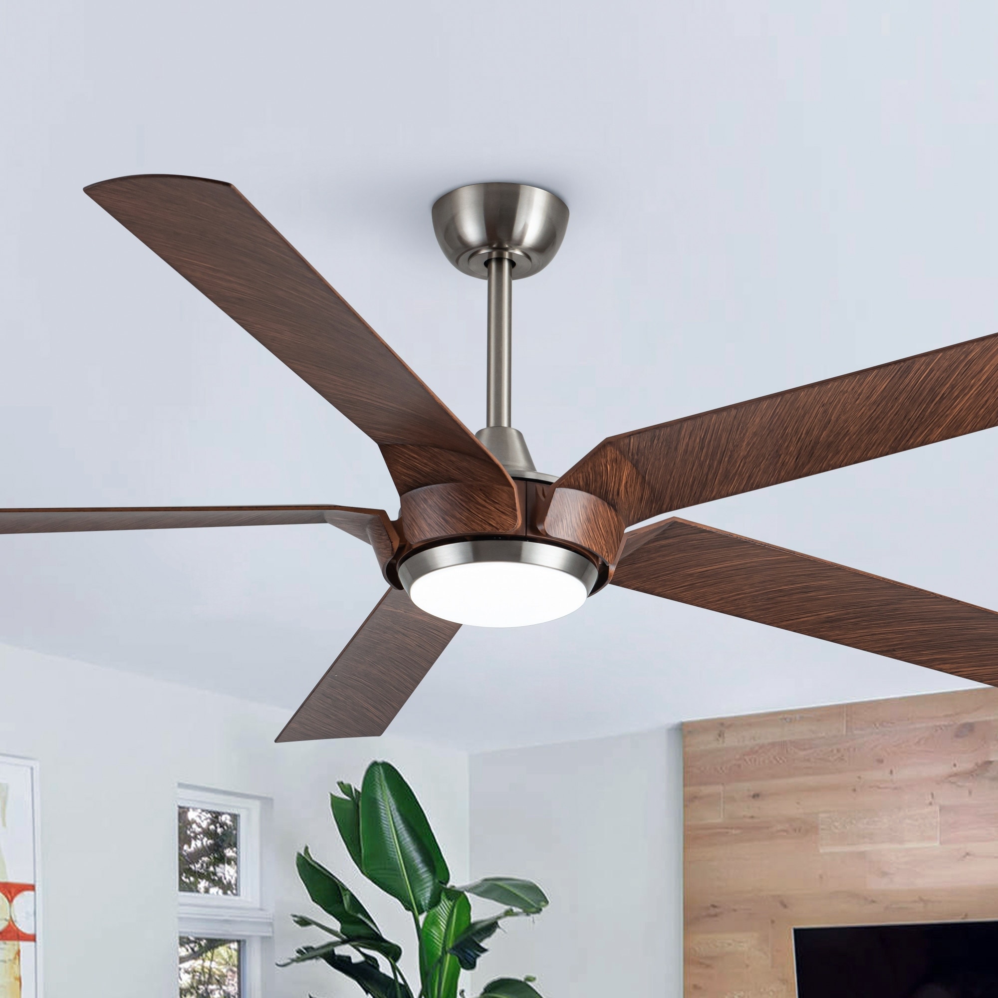 65" Brushed Nickel Industrial Downrod Mount Windmill Large Ceiling Fan with Remote and LED Light