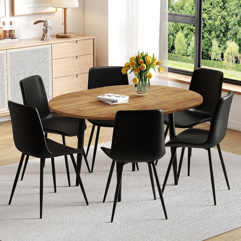 Rustic Extendable Dining Table Set with 4 Black Side Chairs