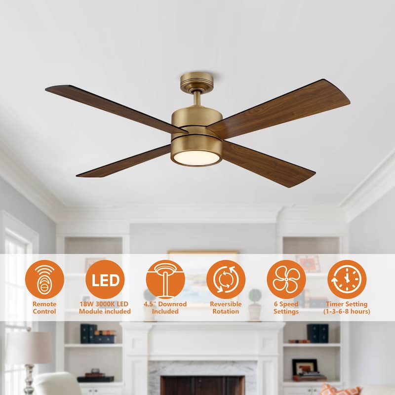 52" Antique Brass Wood 4-Blade Indoor Ceiling Fan with Light and Remote