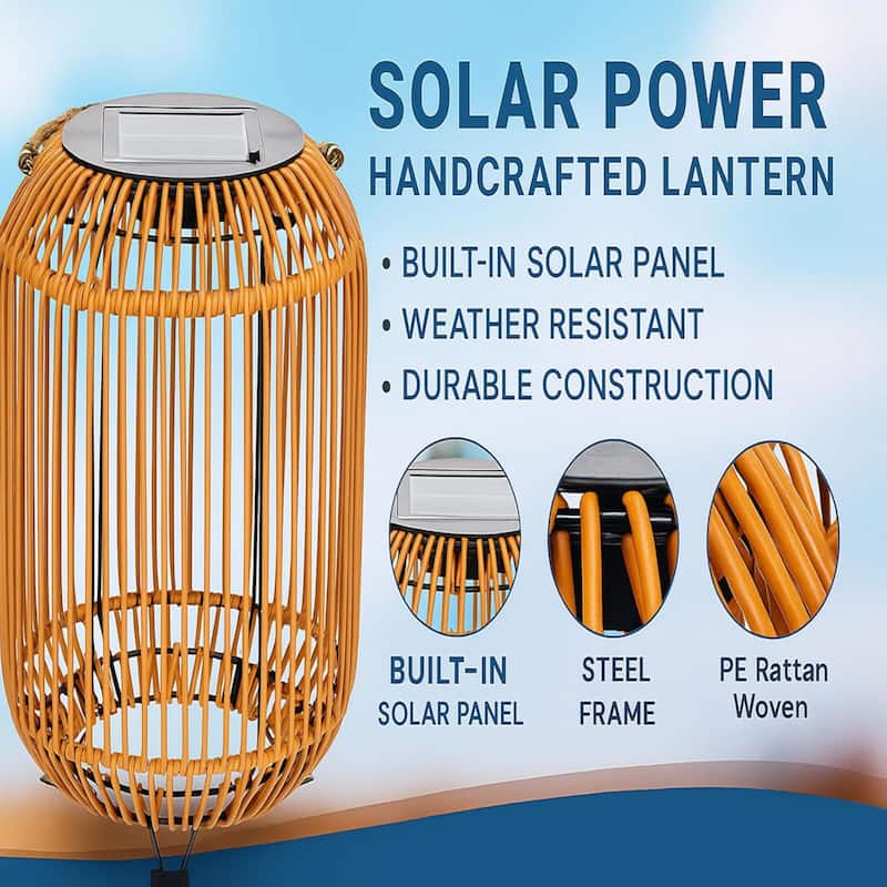 Aria Home Waterproof Solar Wicker Lantern with Rattan and LED Light