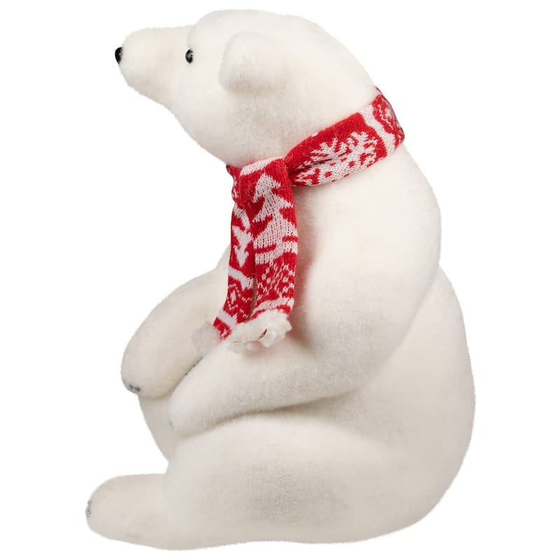 Sitting Polar Bear with Scarf Christmas Figure - 12.25" - White and Red