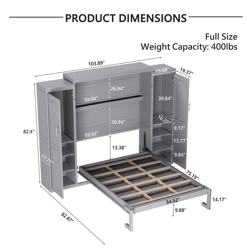 Space-Saving Full Size Murphy Bed with 2 Wardrobes & Storage Shelf, Foldable Platform Bedframe for Guest Rooms