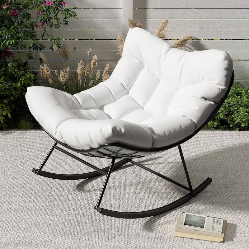 Outdoor Rocking Chair, Oversized Patio Wicker Egg Chair for Balcony Garden - N/A - White