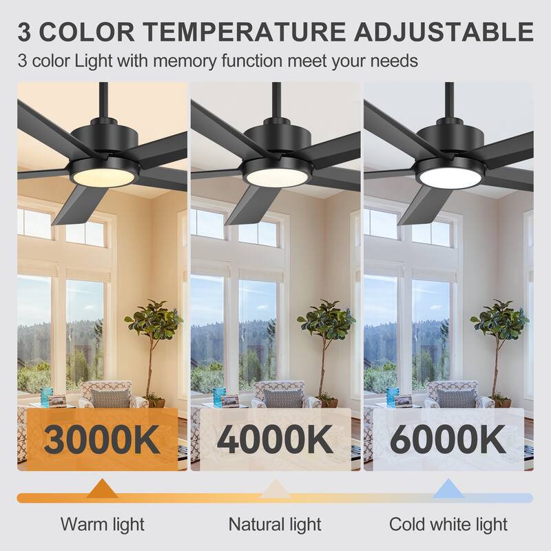 52"/ 65"/72" Black LED Ceiling Fan with Light Kit and Remote(5/8 Blade)