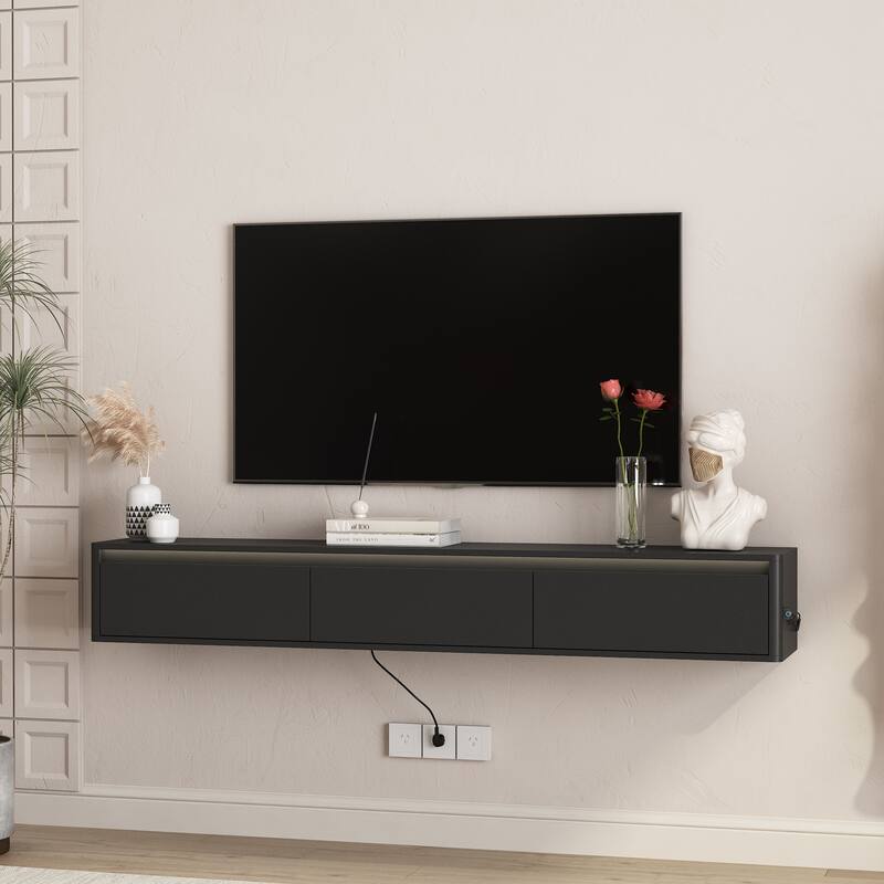 Floating LED TV Stand Wall Mounted TV Console, High Gloss TV Cabinet with LED Light & Power Outlet