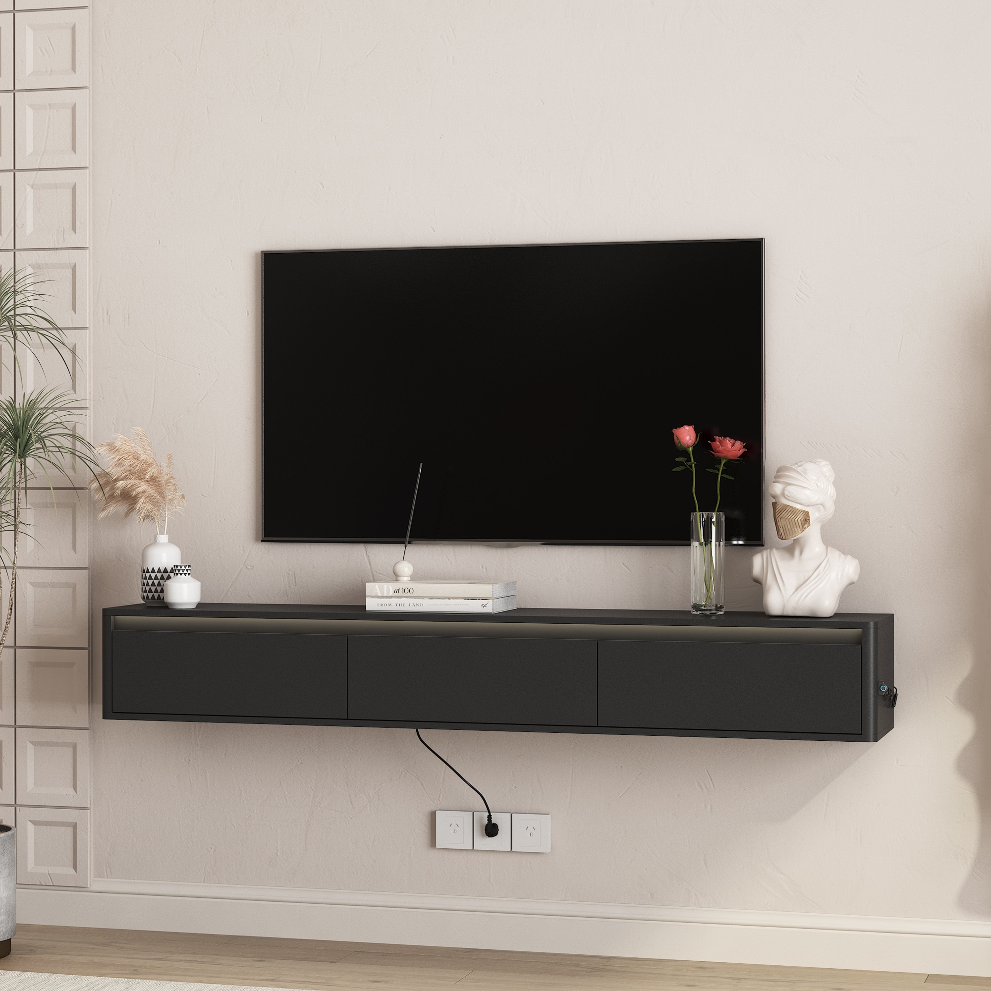 Floating TV Stand Wall Mounted TV Shelf Wood TV Cabinet with LED Lights and Power Outlet