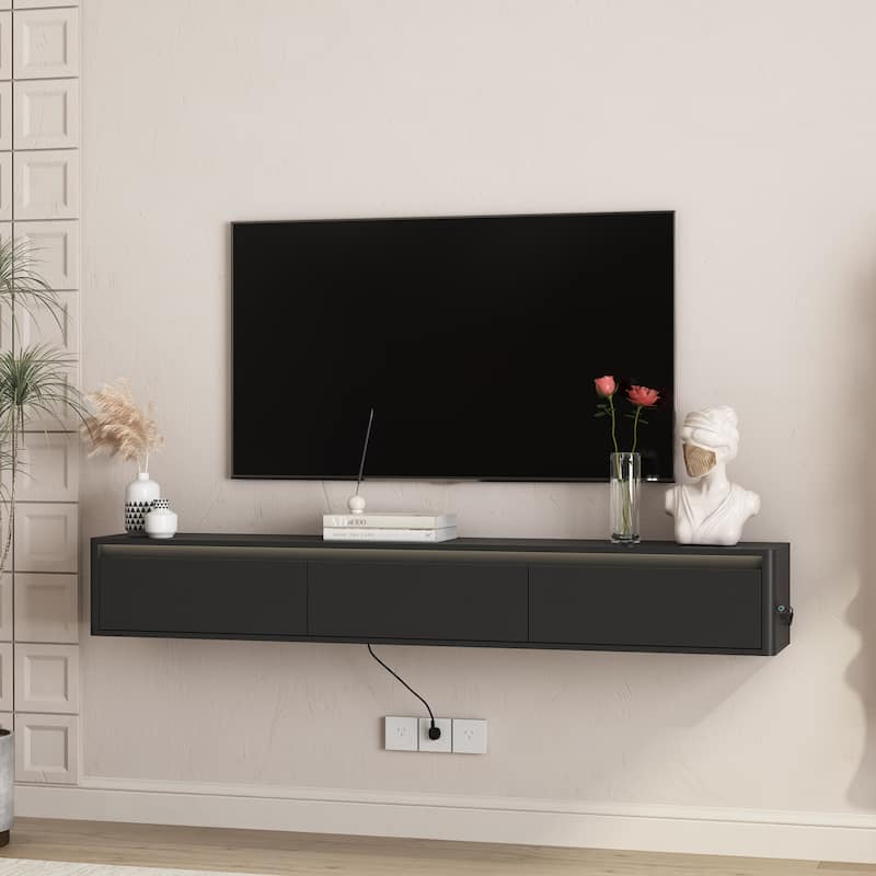 Wall Mounted TV Shelf with LED Lights & Power Outlet, High Gloss TV Cabinet for Wood TV Stands for Living Room