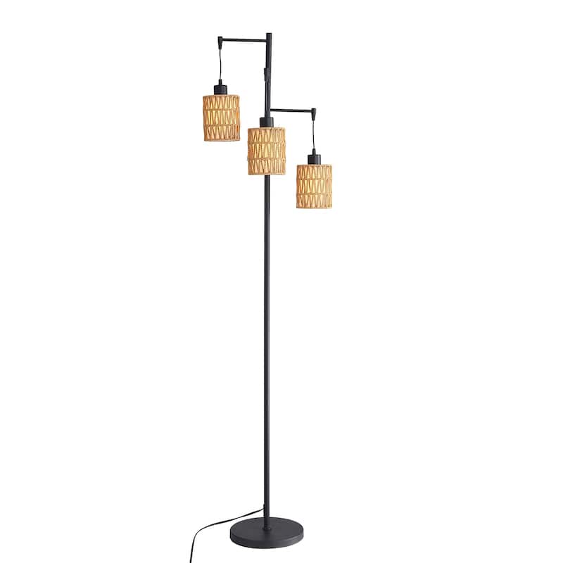 Sofucor 3-Lights Boho Rattan Floor Lights,Black Farmhouse Standing Lamp Wicker Rustic Tall Lamp,Rattan Woven LampShade Bohemian - Black