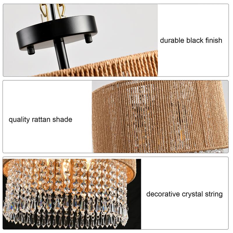 3 - Light Bohemian Rattan & Crystal Semi - Flush Mount Chandelier