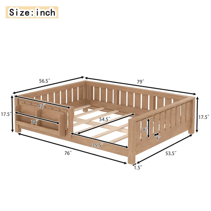 Low Profile Montessori Bed Floor Platform Bed with Fence and Bookshelf
