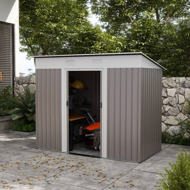 Outsunny 6' x 3.6' Steel Frame Backyard Garden Tool Storage Shed with 2 Air Vents and Dual Locking Doors - 7' x 4' - Grey