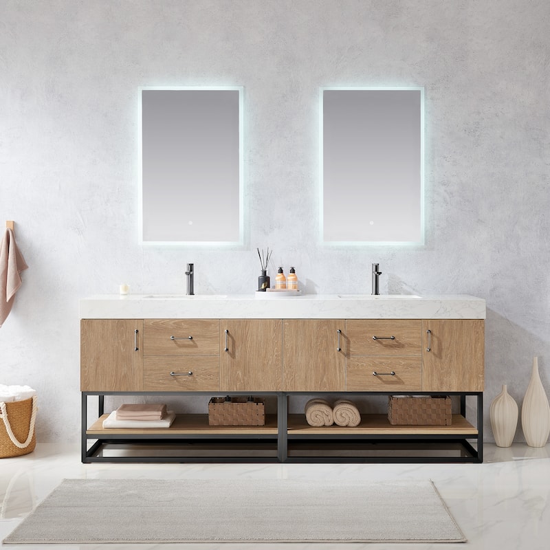 Alistair 84" Double Vanity with White Grain Stone Top and Mirror - 84" x 22"