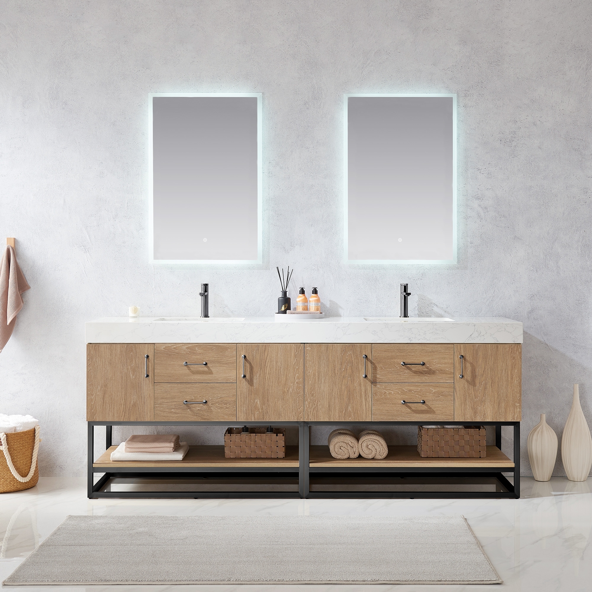 Alistair 84" Double Vanity with White Grain Stone Top without Mirror - 84" x 22"