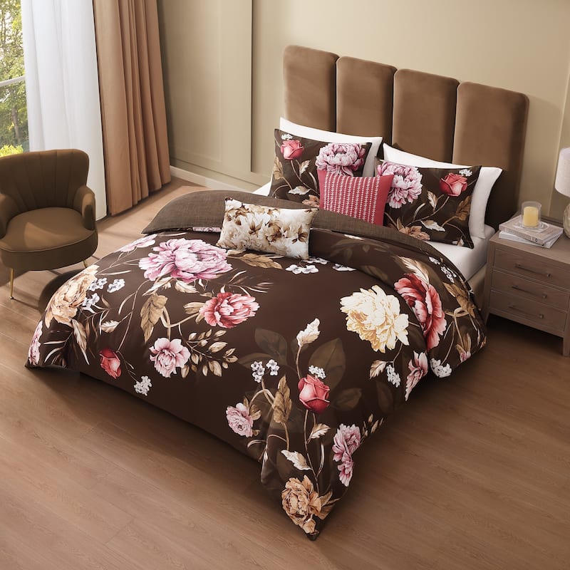 Bebejan Floral Garden on Mocha 5 Piece Reversible Comforter Set