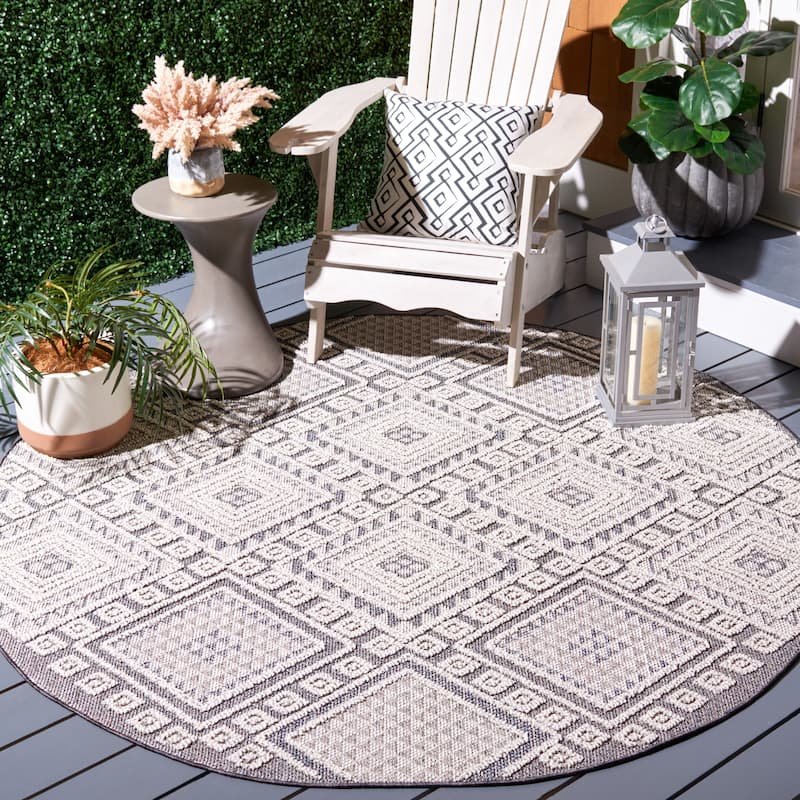 SAFAVIEH Global Sinaida Moroccan Indoor/ Outdoor Waterproof Patio Backyard - 6'7" x 6'7" Round - Grey/Ivory - Round