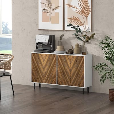 Modern Multifunctional Sideboard Cabinet with Chevron Doors and Pine Wood Legs - 47.75" W x 14.5" D x 29.5" H