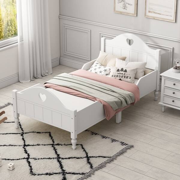 slide 2 of 8, White Solid Wood Macaron Twin Toddler Platform Bed, Safety Rails, Kid-Friendly Height