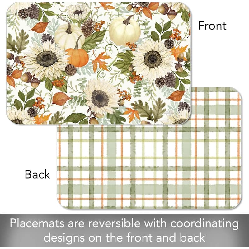 Farmhouse Fall 4 Pack Reversible Easy Care Flexible Plastic Placemats Made in The USA BPA Free PVC Free Easily Wipes Clean